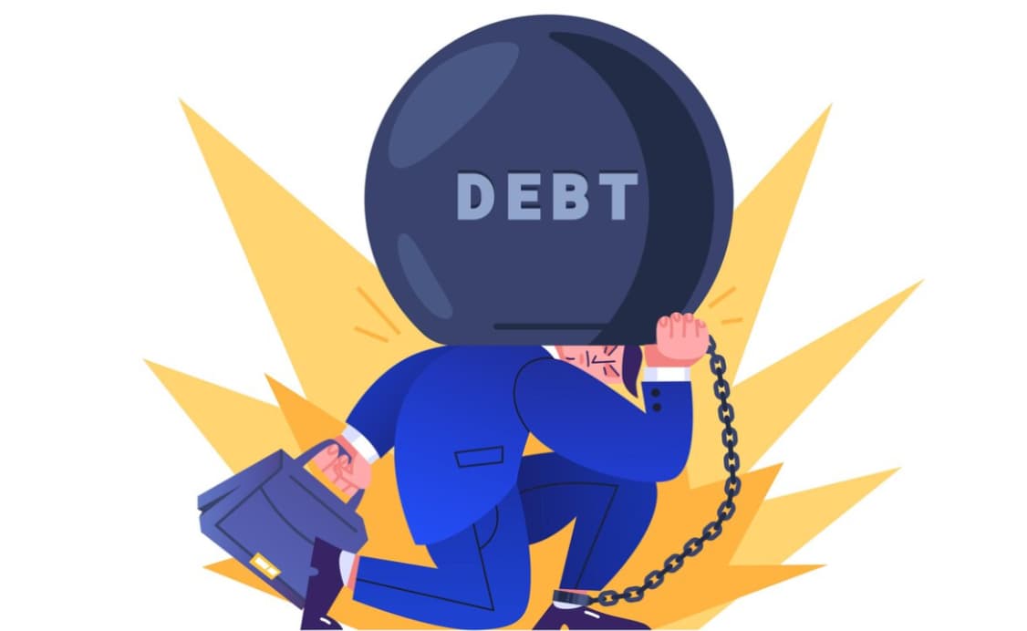 Illustration of a person burdened by a large debt weight