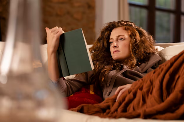 Woman reading a book lying on the sofa