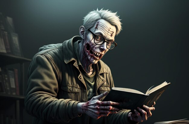 Creepy zombie with glasses reading a book