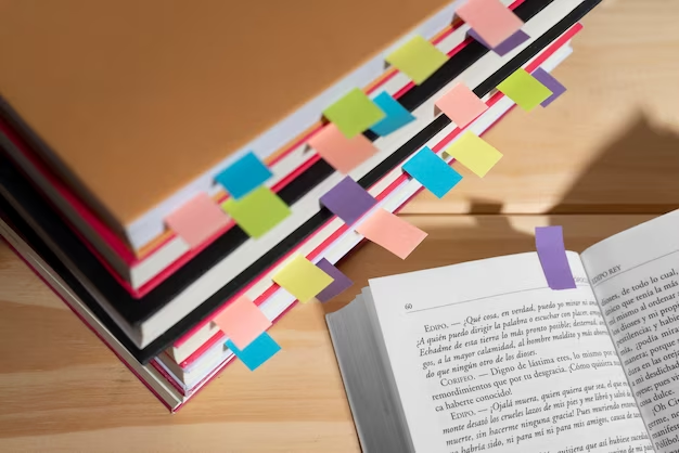 An open book with a bookmark and a stack of books